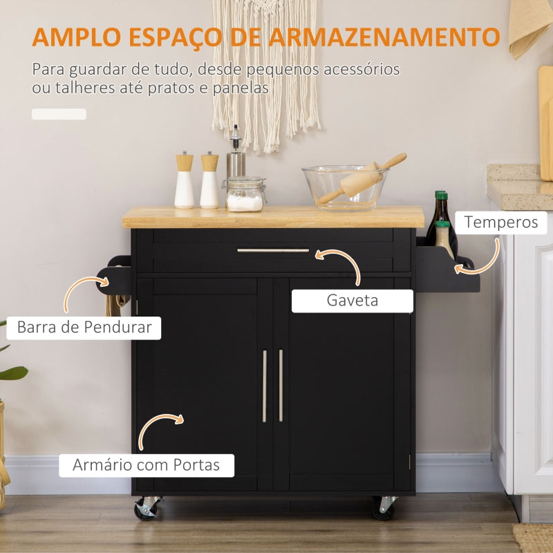 HOMCOM Ilha de Cozinha com Armário Portas e Prateleira Interior Ajustável Gaveta Barra e Suporte para Temperos Móvel Aparador Auxiliar com Rodas para Sala de Jantar 109x40x89cm Preto