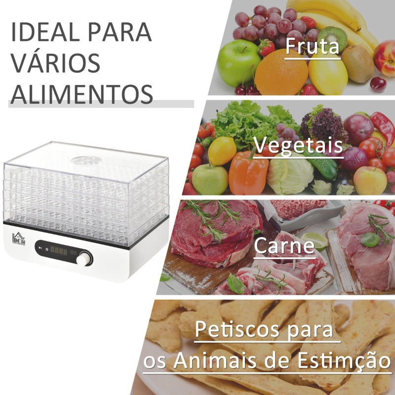 HOMCOM Desidratador de Alimentos 400W com 5 Bandejas Tela LCD Temperatura Ajustável 35-70 Graus e Temporizador de 72 horas para Verduras Frutas Carne sem BPA 29x19x21,5cm Branco