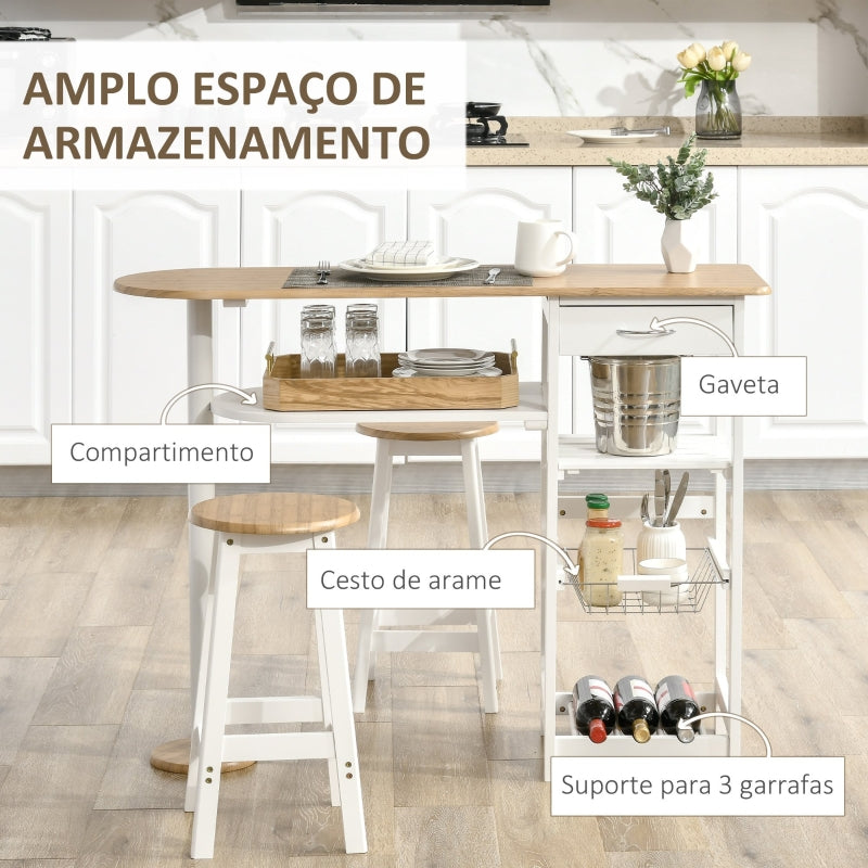 HOMCOM Conjunto de Mesa com 1 Gaveta 2 Prateleiras Cesta Removível e Suporte para Garrafas 119x38,5x88,5cm e 2 Bancos 29x29x55cm Branco