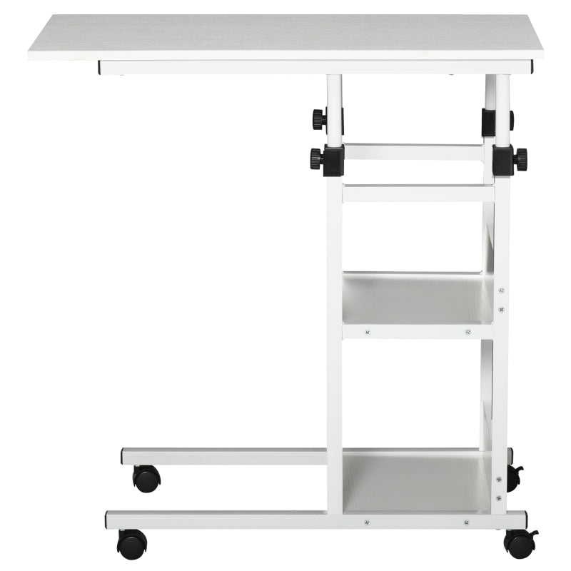 HOMCOM Mesa Lateral para Sofá Mesa lateral em Forma de C com 4 rodas Giratórias Freios Altura Ajustável 3 níveis Estrutura Metálica 80x40x72-82cm Branco