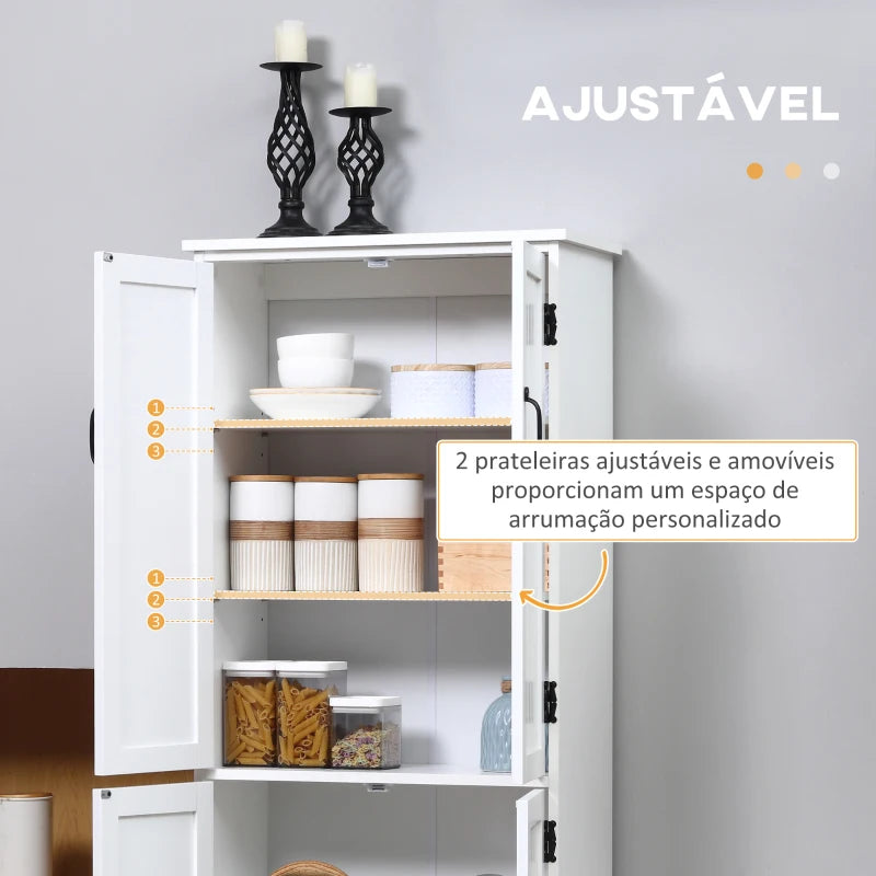 HOMCOM Armário de Cozinha Alto Móvel Auxiliar com 4 Portas e Prateleiras Ajustáveis 60x30x123 cm Branco