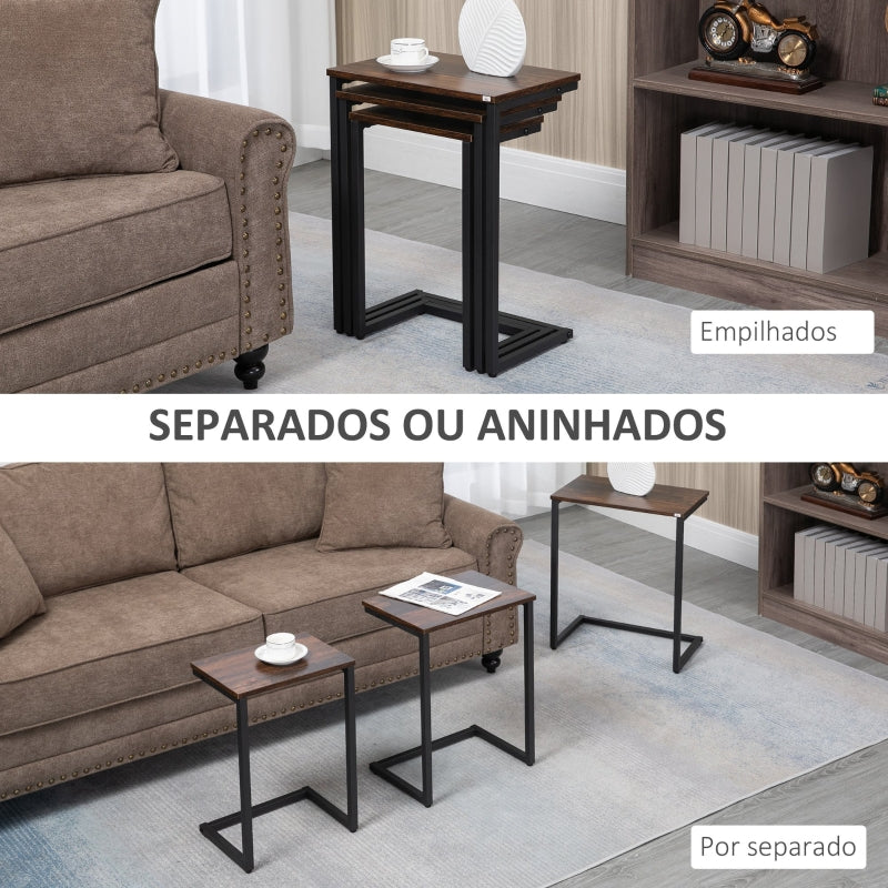 HOMCOM Conjunto de 3 Mesas Auxiliares em Forma de C com Pés de Aço 45x30x60cm 40x28x56cm e 34x25x50cm Marrom Rústico