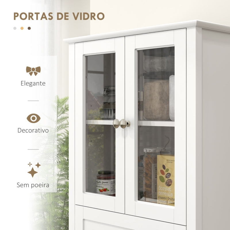 HOMCOM Armário de Cozinha Móvel Auxiliar de Cozinha com 2 Portas de Vidro Gaveta e Prateleiras Ajustáveis 61x35x168,5 cm Branco