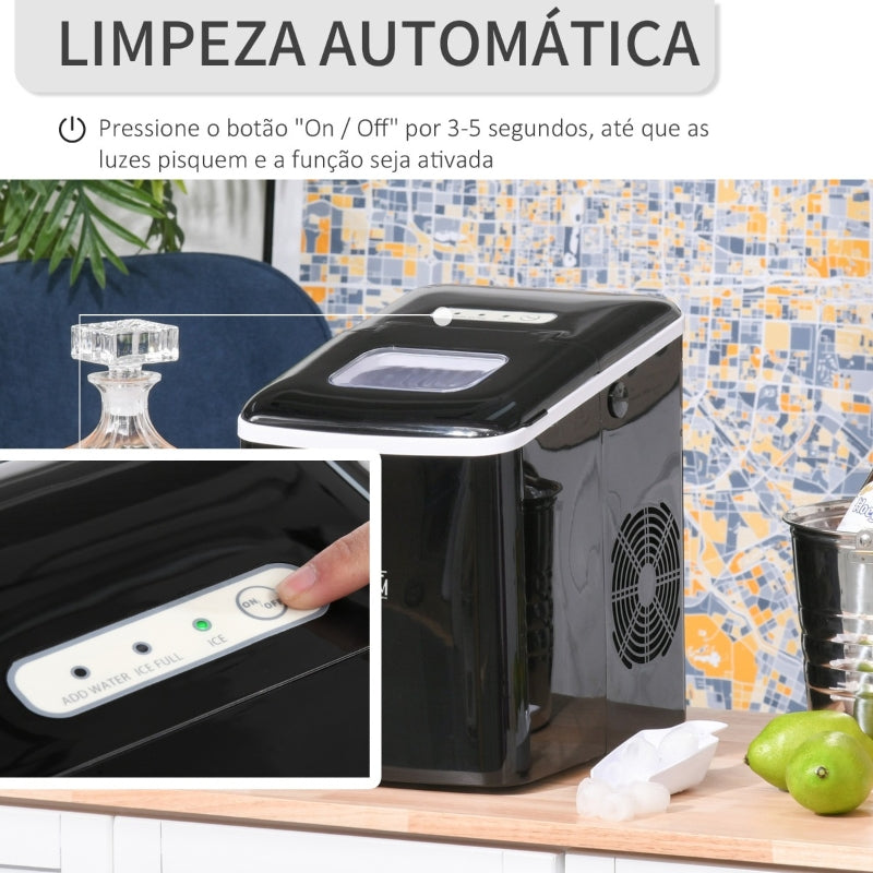 HOMCOM Máquina de gelo Silencioso Potência 120W Capacidade 12kg com Tela LCD Tanque de 1.8L Limpeza automática 31,5x23x32,5 cm preto