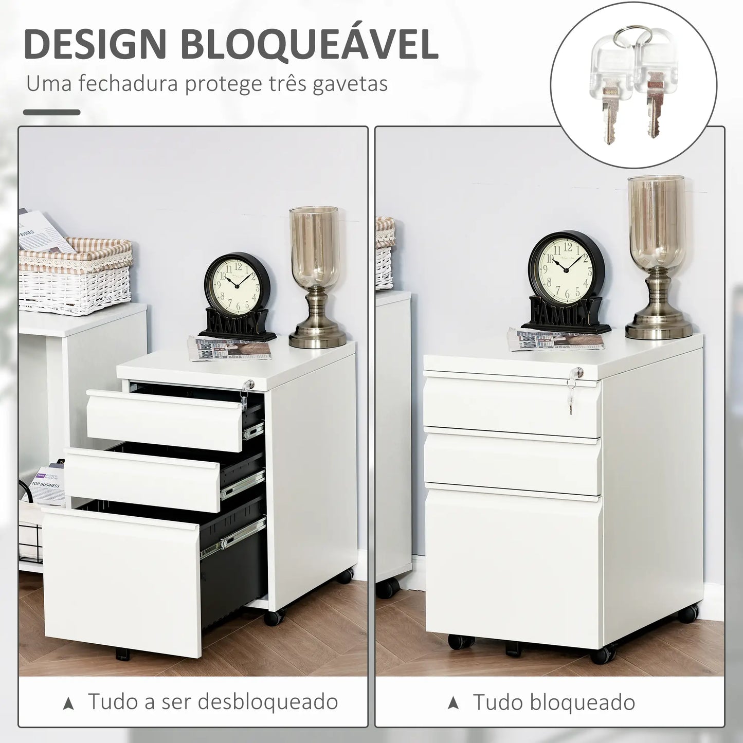 Vinsetto Bloco de Gavetas com Rodas para Escritório Móvel para Arquivos com 3 Gavetas e Fechadura 39x48x60 cm Branco