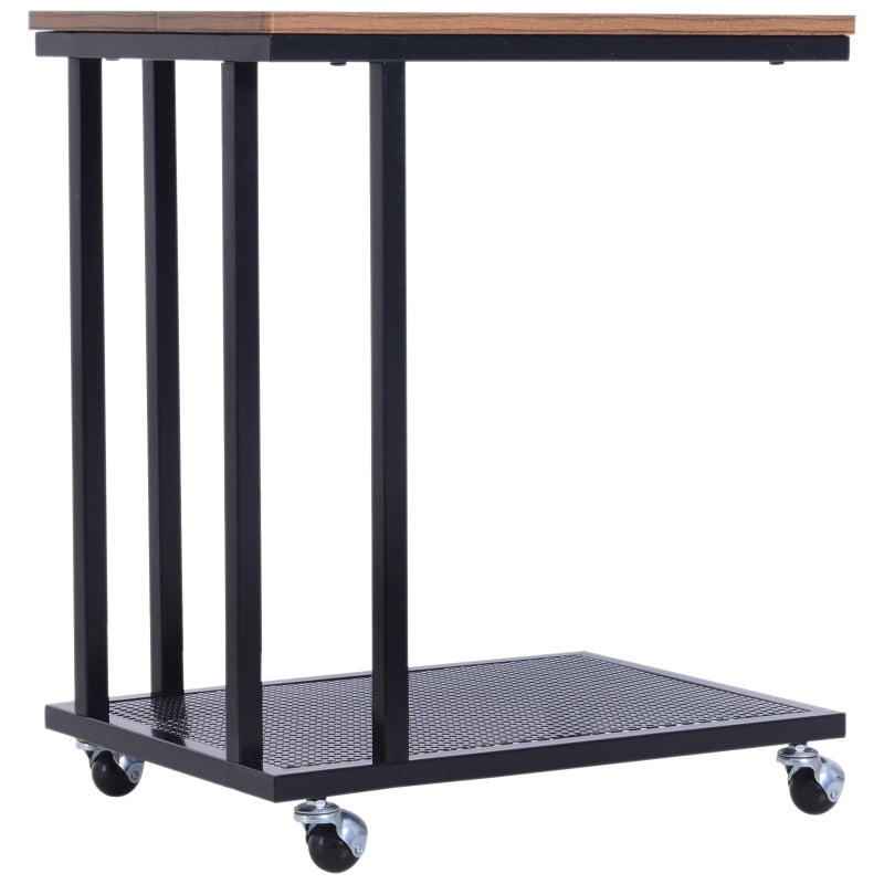 HOMCOM Mesa Lateral mesa Auxiliar com Rodas para Sofá Sala de Estar Dormitório Estilo Industrial Retrô Metal e Madeira 51x36x65cm Madeira e Preto