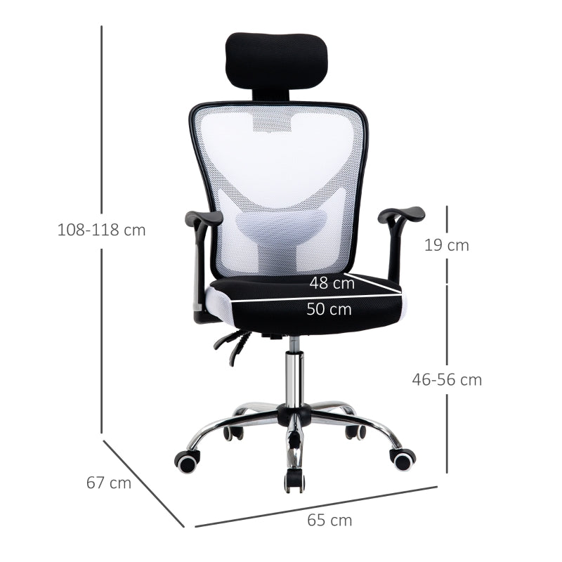 Vinsetto Cadeira de Escritório Ergonômica Cadeira de Escritório Giratória com Altura Ajustável Função Reclinável Apoio para a Cabeça e Suporte Lombar 65x67x108-118cm Branco