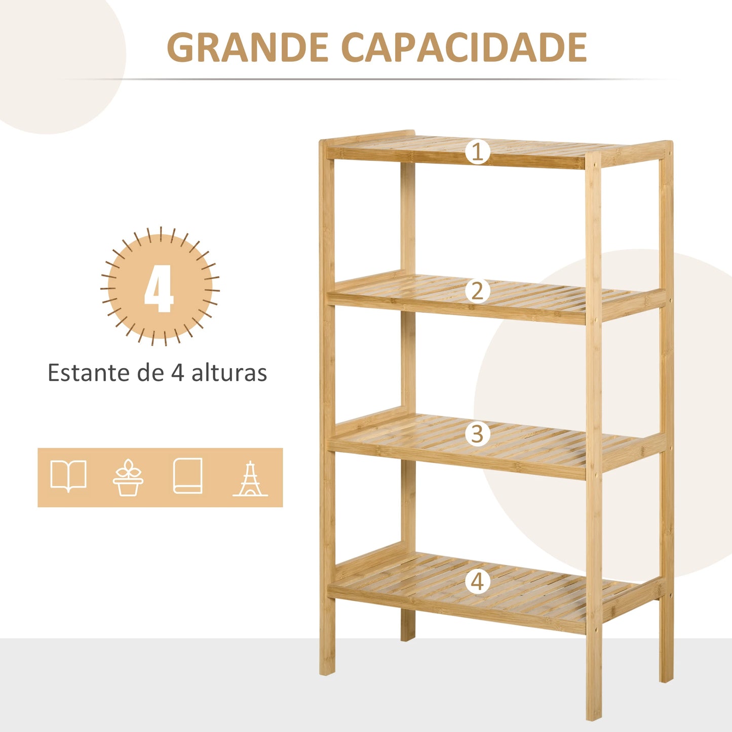 HOMCOM Estante de Bambú de 4 Níveis Móvel Organizador Multifuncional para Casa de Banho Cozinha Sala de Estar com Dispositivo Anti-Rolamento 62x33x112cn Natural