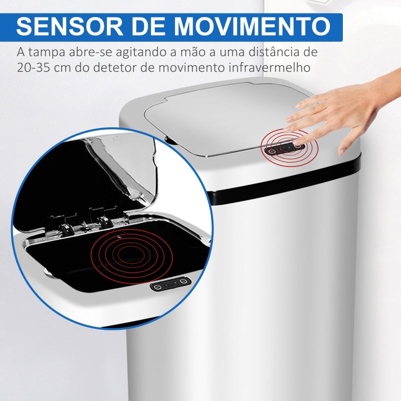 HOMCOM Balde de Lixo Inteligente 50L com Sensor Infravermelho Botão Tátil Balde de Lixo com Abertura Automática 33x25x84 cm Prata