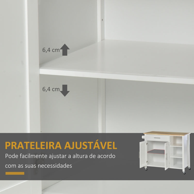 HOMCOM Ilha de Cozinha com Rodas 1 Gaveta 2 Portas 3 Prateleiras Abertas e Barra lateral 107,5x48x89cm Branco