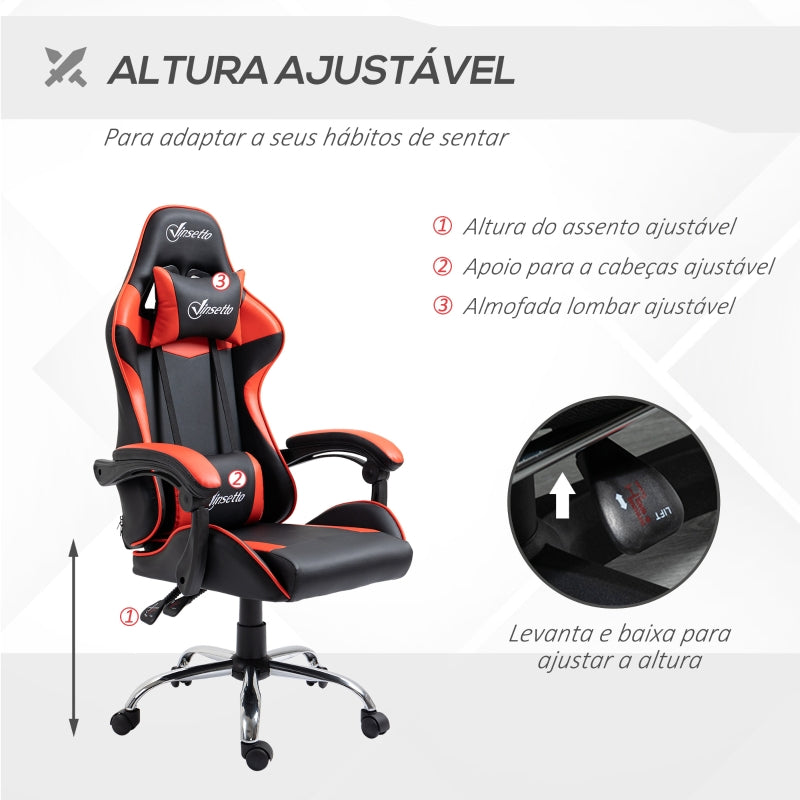 Vinsetto Cadeira Gaming Ergonômica Cadeira para Videojogos Reclinável com Altura Regulável Apoio para a Cabeça e Almofada Lombar 63x67x119-127cm Vermelho e Preto