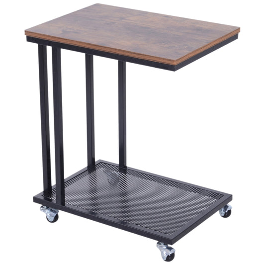 HOMCOM Mesa Lateral mesa Auxiliar com Rodas para Sofá Sala de Estar Dormitório Estilo Industrial Retrô Metal e Madeira 51x36x65cm Madeira e Preto