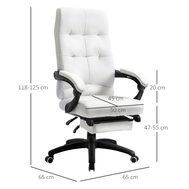 Vinsetto Cadeira de escritório ergonômica giratória com função de inclinação altura ajustável Apoio de braço e apoio para os pés em couro sintético 65x65x118-125 cm Branco