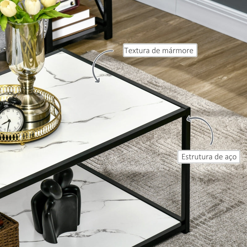 HOMCOM Mesa de Centro com Bancada de Imitação a Mármore e Estrutura de Aço 120x60x46cm Branco e Preto