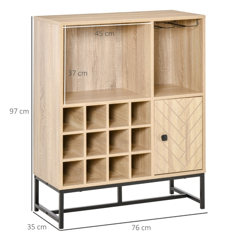 HOMCOM Aparador de Cozinha Armário com 1 Porta Prateleiras Abertas Suporte para 12 Garrafas e 6 Taças de Vinho para Sala de Jantar Bar Restaurante 76x35x97cm Madeira Natural