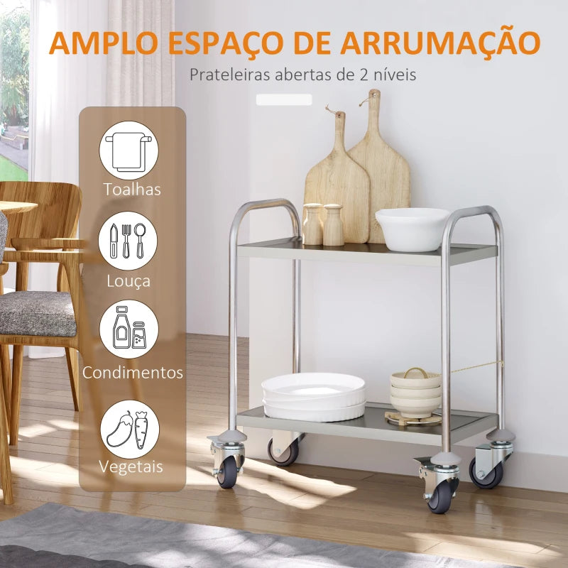 HOMCOM Carrinho Auxiliar com Rodas de Aço Inoxidável Carrinho de Cozinha com 2 Prateleiras e 2 Pegas 70,5x40,5x81 cm Prata