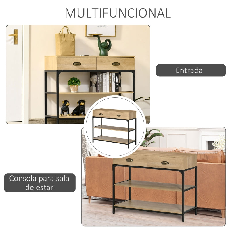 HOMCOM Mesa Consola Mesa de Entrada Estreita com 2 Gavetas e 2 Prateleiras de Armazenamento Estrutura de Aço para Corredor Entrada Sala de Estar 100x35x79,5cm Carvalho e Preto