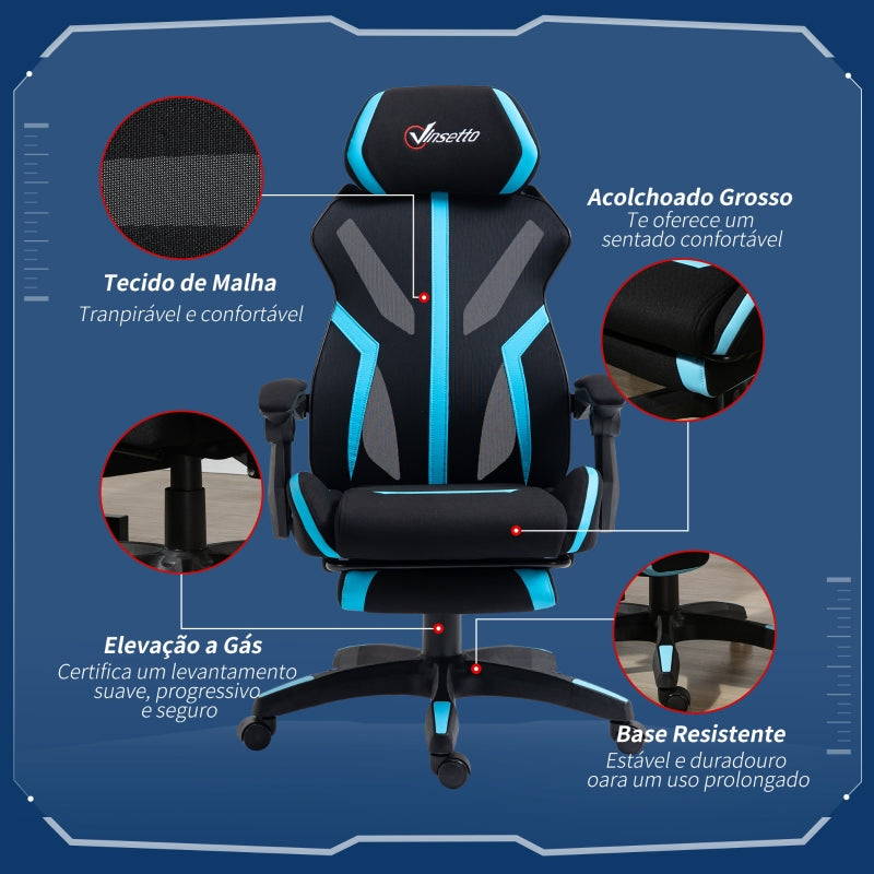 Vinsetto Cadeira de Gaming com Apoio para os Pés Retrátil Cadeira de Escritório Reclinável com Apoio para a Cabeça e Altura Ajustável 65x65x119-129cm Preto e Azul