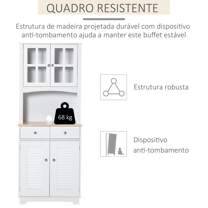 HOMCOM Armário de cozinha Armário aparador com 2 portas 2 gavetas e prateleira aberta para microondas 68x39,5x170 cm branco