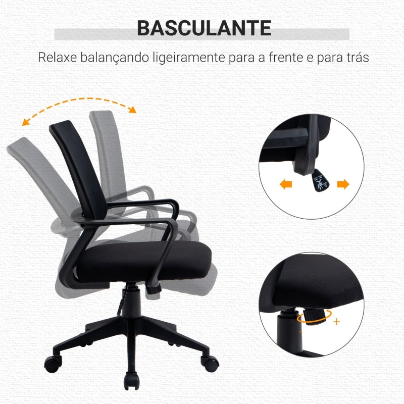 Vinsetto Cadeira de escritório ergonômica giratória ajustável em altura com apoio de braços e apoio lombar Tecido respirável 61x58.5x89-99 cm Preto