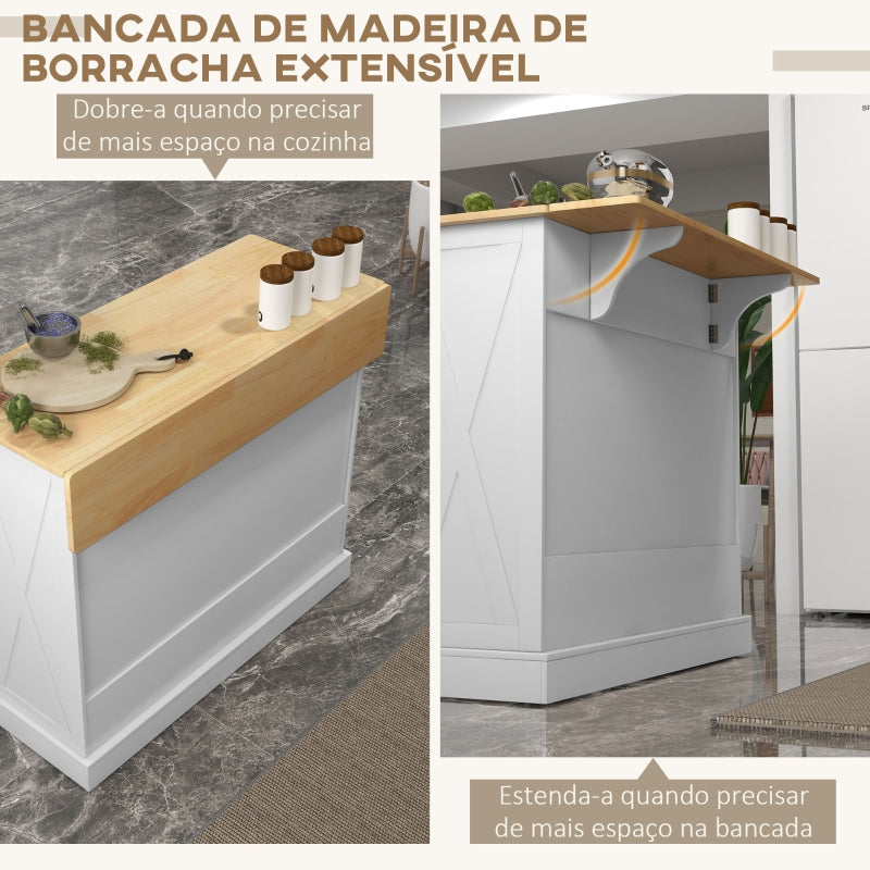 HOMCOM Ilha de Cozinha com Bancada de Madeira Dobrável 2 Portas 2 Gavetas Prateleira Ajustável e 4 Rodas 10x60x90,5 cm Branco e Madeira