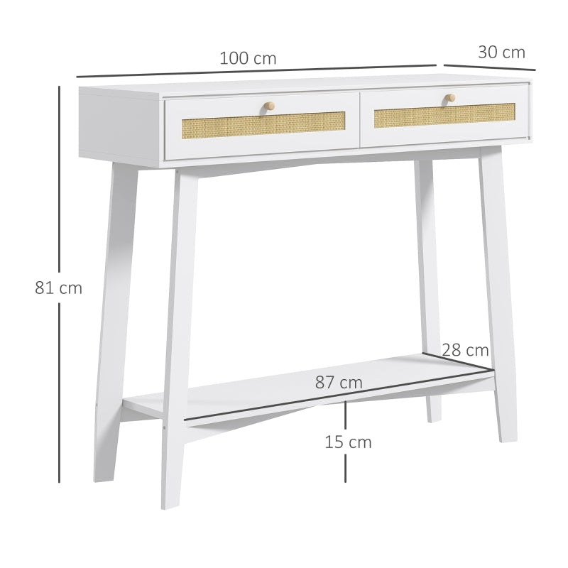 HOMCOM Mesa Consola para Entrada Mesa de Entrada com 2 Gavetas de Desenho de Vime para Sala Corredor 100x30x81 cm Branco