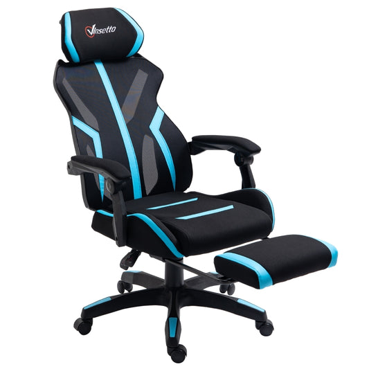 Vinsetto Cadeira de Gaming com Apoio para os Pés Retrátil Cadeira de Escritório Reclinável com Apoio para a Cabeça e Altura Ajustável 65x65x119-129cm Preto e Azul