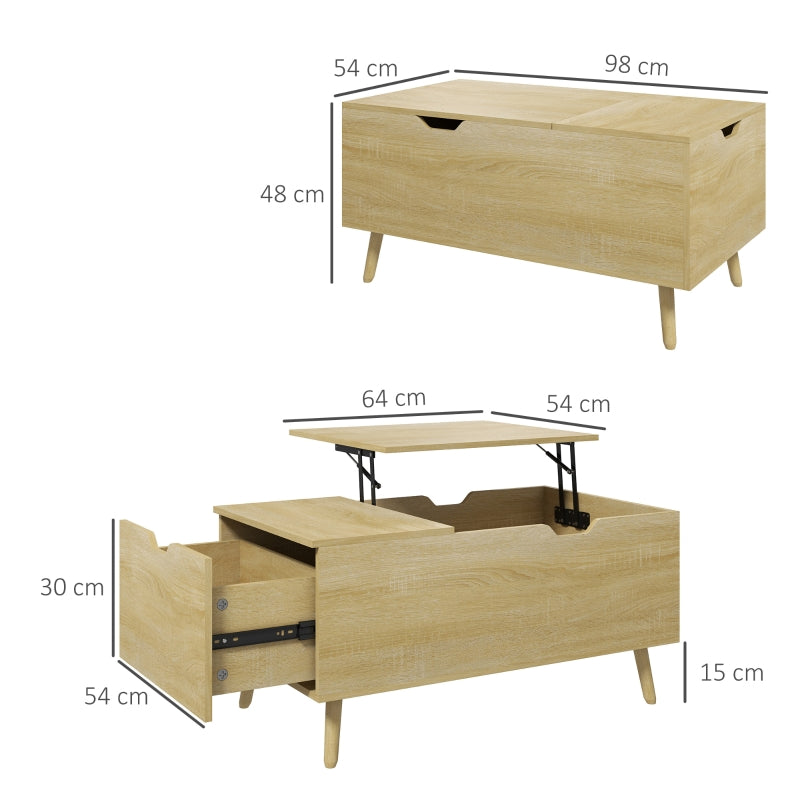 HOMCOM Mesa de Centro Elevável com Gaveta Compartimento Oculto e Pés de Madeira 98x54x48 cm Madeira