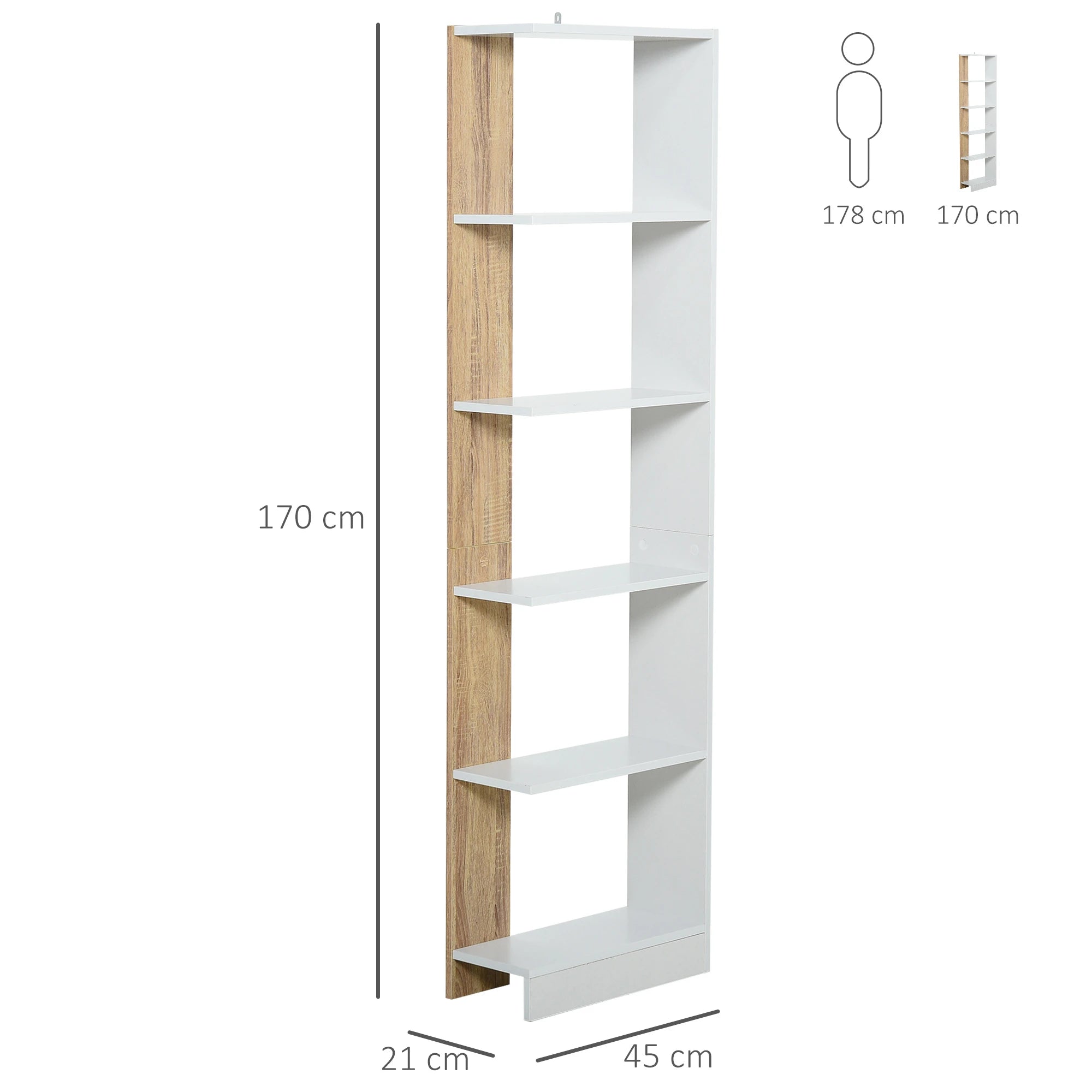 HOMCOM Estante de Armazenamento com 5 Prateleiras Estante Multiuso para Escritório 45x21x170cm Branco e Carvalho