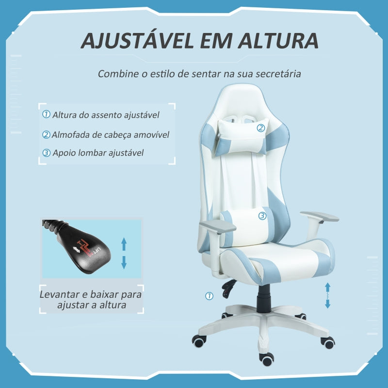 HOMCOM Cadeira Gaming Reclinável com Almofada Lombar Apoio de Cabeça Basculante e Altura Ajustável 67x60x120-128 cm Branco e Azul