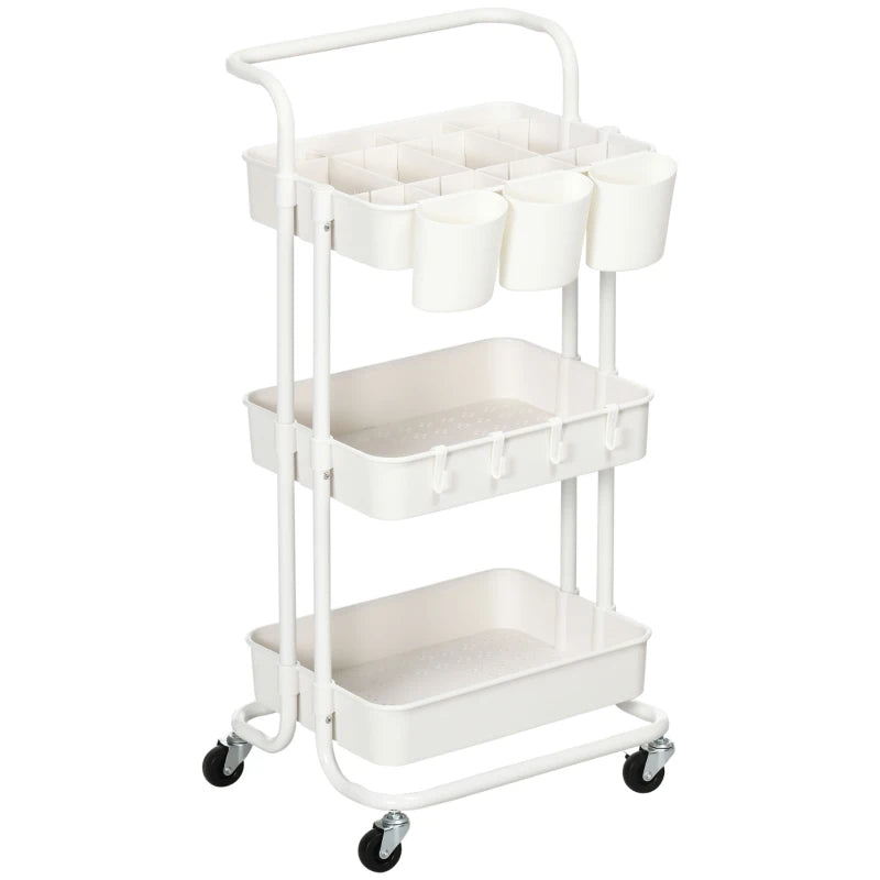 HOMCOM Carrinho de Cozinha Carrinho de Armazenamento com 4 Ganchos 3 Cestas Removíveis 3 Caixas Suspensas 42x38x86,5 cm Branco