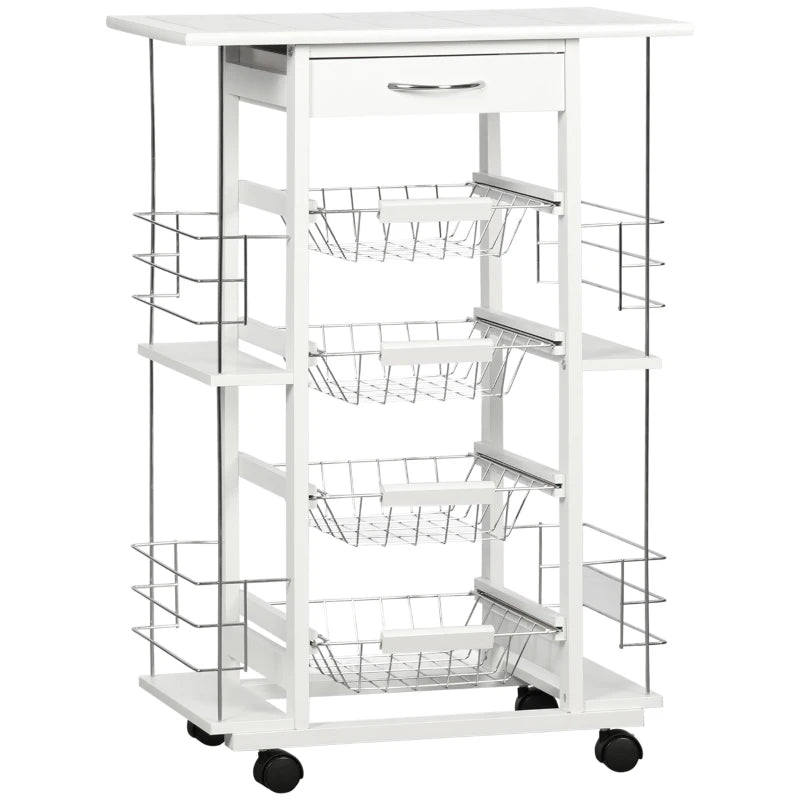 HOMCOM Carrinho de Cozinha com Rodas Gaveta 4 Cestas de Metal e 4 Suportes para Temperos Laterais 57x37x83cm Branco