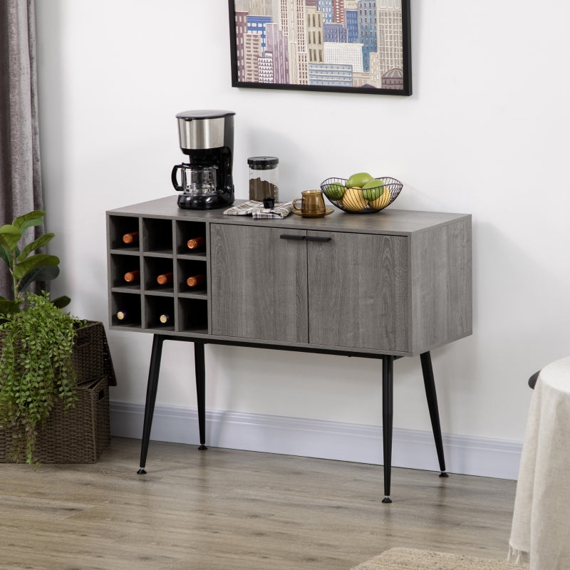 HOMCOM Aparador de Cozinha Móvel Buffet com Suporte para 9 Garrafas de Vinho e Pés de Metal 106,6x40x82cm Cinza e Preto