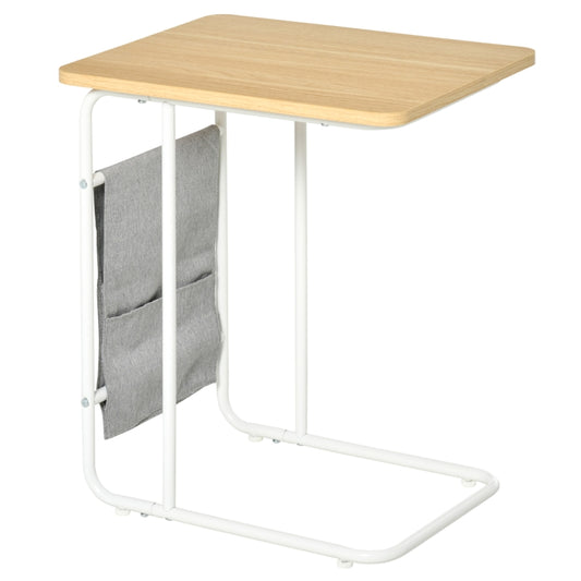 HOMCOM Mesa Auxiliar de Sofá em Forma de C com Bolsa de Armazenamento Removível Mesa Lateral para Sala de Estar Dormitório Escritório 37x48x55,8cm Carvalho e Branco