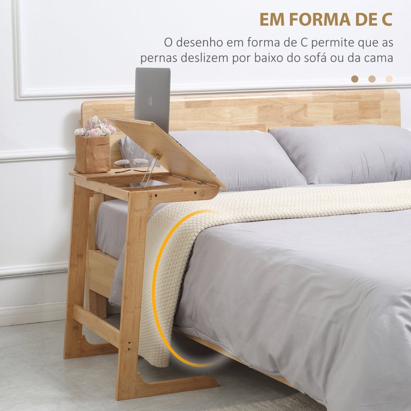 HOMCOM Mesa Auxiliar de Bambu em Forma de C com Bancada Abatível e Ângulo Ajustável 140-180° 60x33x67cm Madeira