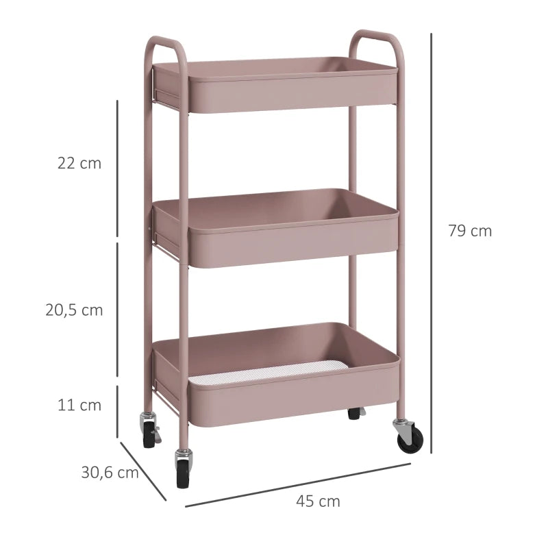 HOMCOM Carrinho Auxiliar de 3 Níveis com Rodas Carrinho de Armazenamento Deslizante para Cozinha Sala 45x30.6x79 cm Rosa