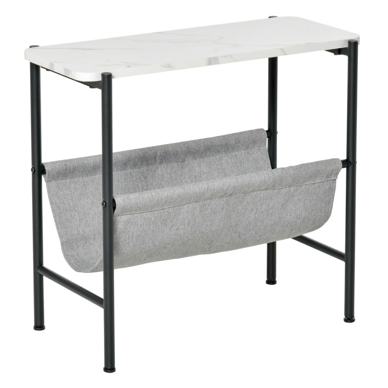 HOMCOM Mesa de Apoio com Bolso de Lona e Prateleira Removível Bancada Imitação Mármore 60x28x53cm Branco Cinza e Preto