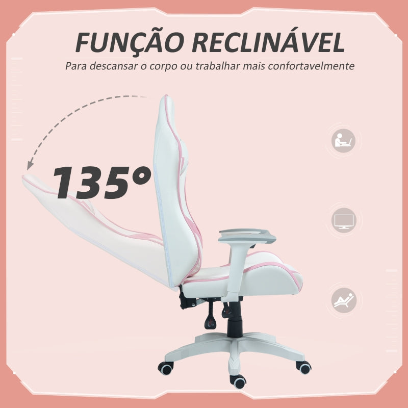 HOMCOM Cadeira Gaming Reclinável com Almofada Lombar Apoio de Cabeça Basculante e Altura Ajustável 67x60x120-128 cm Branco e Rosa