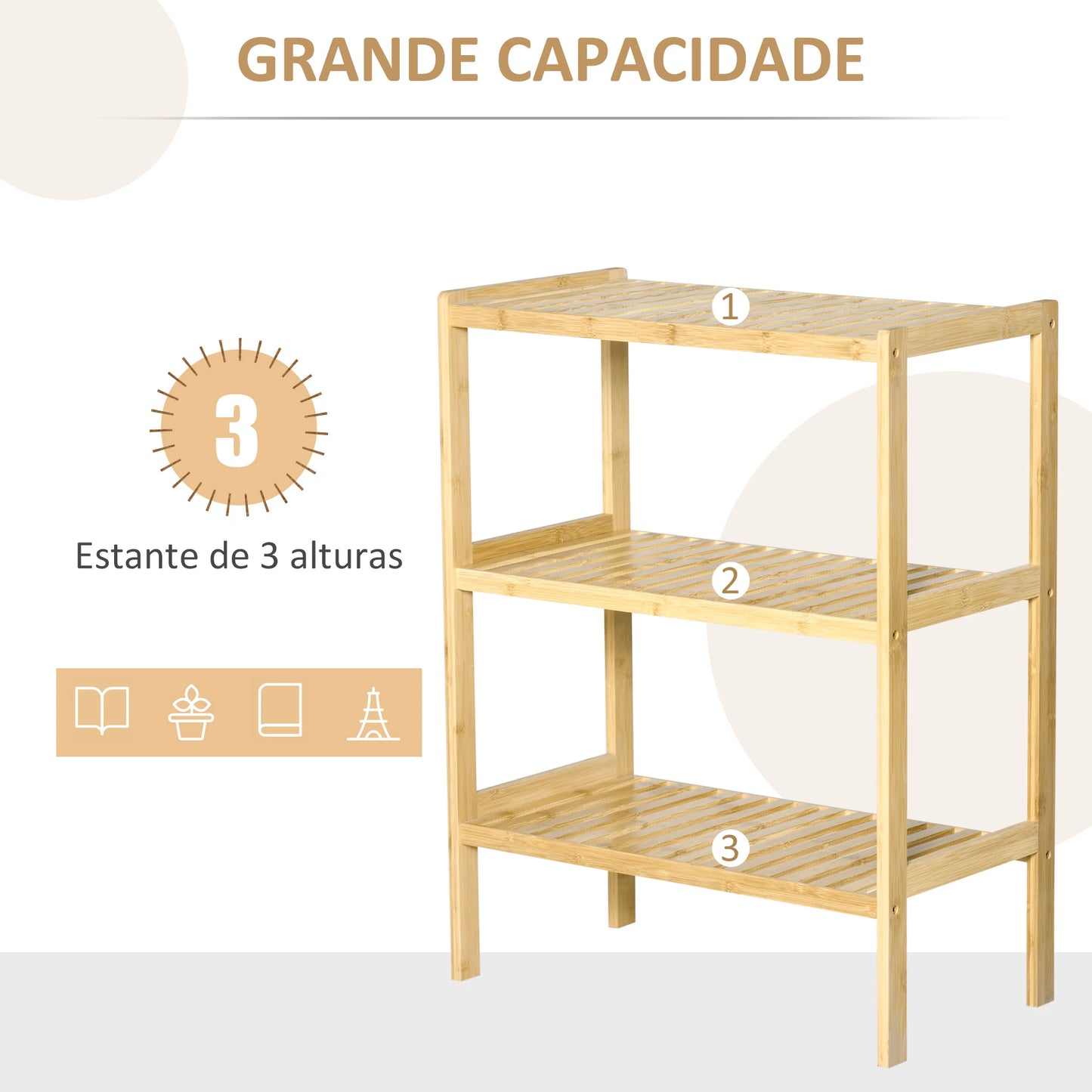 HOMCOM Estante de Bambu de 3 Níveis Móvel Organizador Multifuncional para Casa de Banho Cozinha Sala de Estar 62x33x80cm Natural