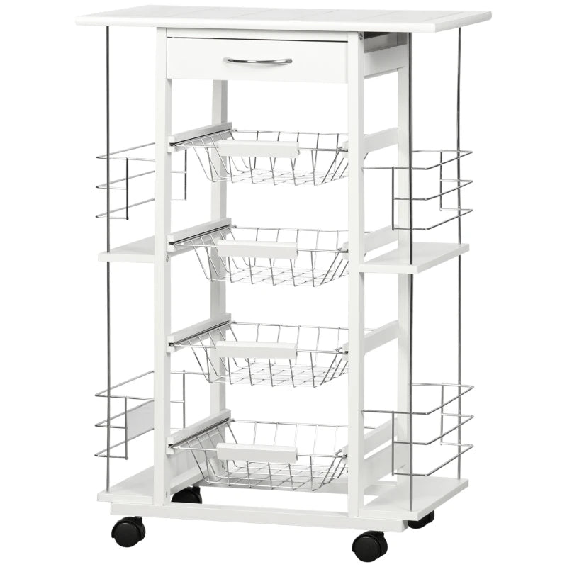 HOMCOM Carrinho de Cozinha com Rodas Gaveta 4 Cestas de Metal e 4 Suportes para Temperos Laterais 57x37x83cm Branco