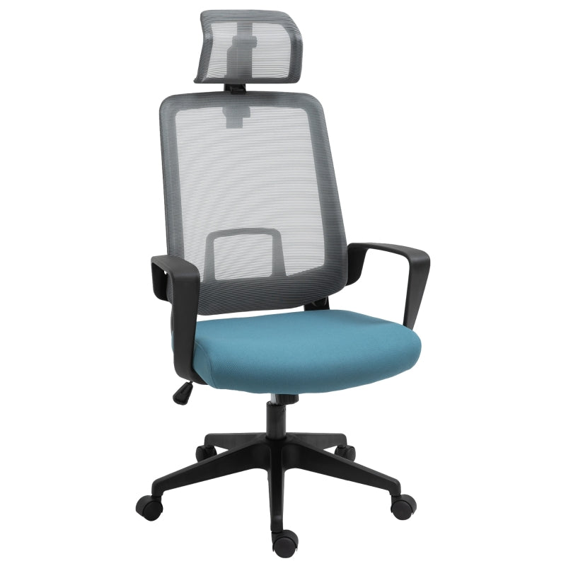 Vinsetto Cadeira de Escritório Ergonômica Giratória com Altura Ajustável Apoio para a Cabeça Apoio para os Braços e Suporte Lombar Reguláveis 63,5x63x116,5-125,5cm Azul e Cinza