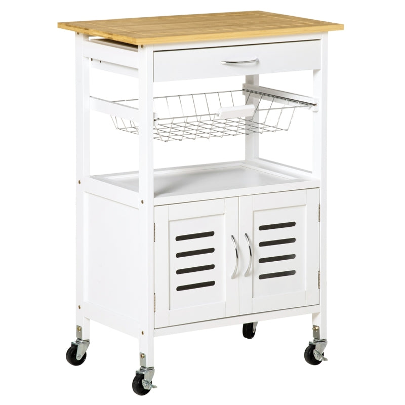 HOMCOM Carrinho de Cozinha com Rodas Carro de Armazenamento Multiúso com Bancada de Bambu Gaveta Cesta Metálica e Armário de 2 Portas de Persiana 58x37x83cm Branco