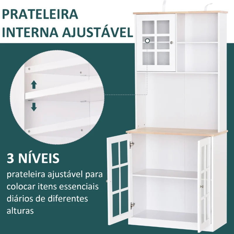 HOMCOM Armário de Cozinha com Prateleiras e Portas de Vidro para Pequenos Eletrodomésticos e Louças 80x37x183cm Branco