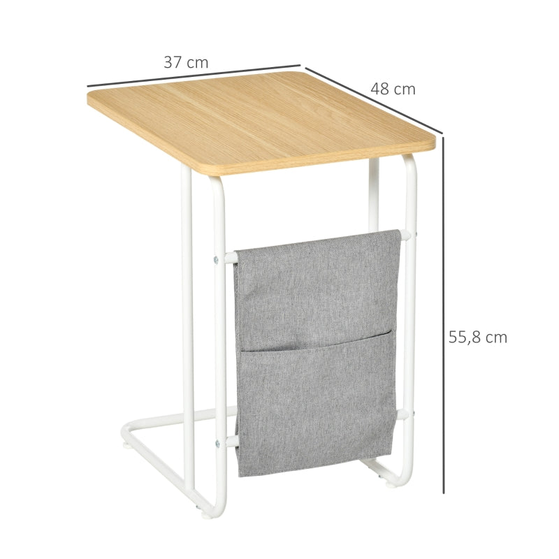 HOMCOM Mesa Auxiliar de Sofá em Forma de C com Bolsa de Armazenamento Removível Mesa Lateral para Sala de Estar Dormitório Escritório 37x48x55,8cm Carvalho e Branco