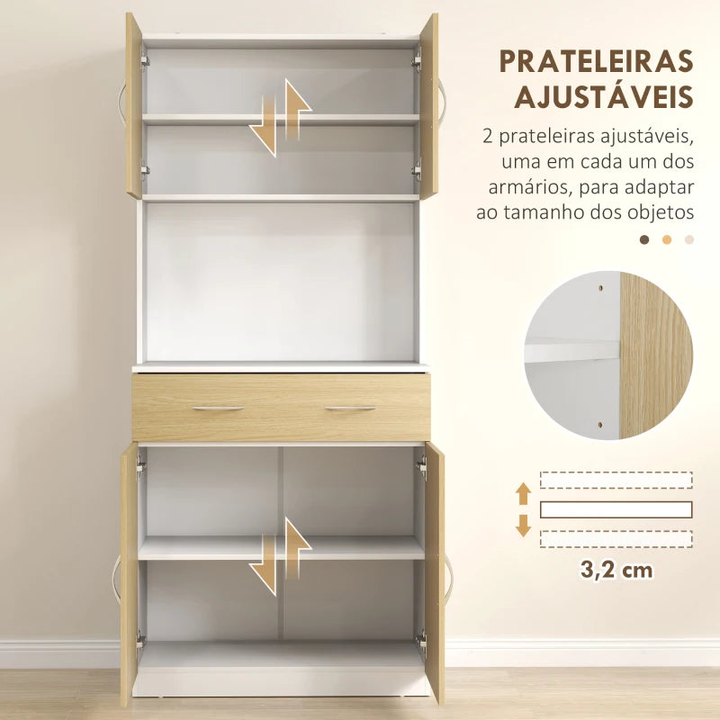 HOMCOM Armário de Cozinha com Gaveta 4 Portas e Prateleiras Interiores Ajustável em Altura Móvel 80x40x180 cm Madeira e Branco