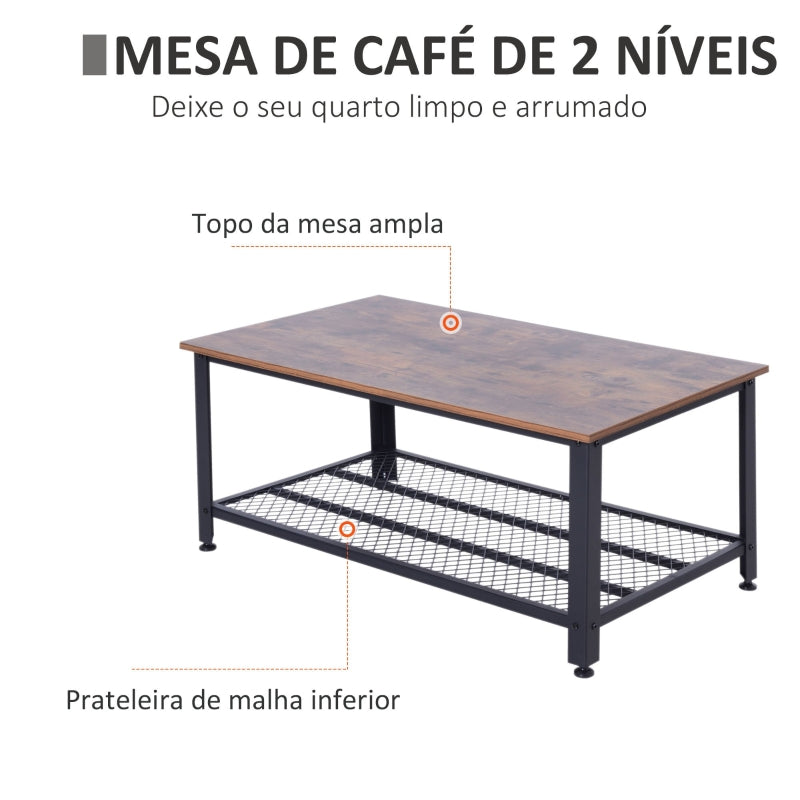 HOMCOM Mesa de Centro com Prateleira Mesa Auxiliar Multifuncional Estilo Industrial para Sala de Estar Dormitório Metal e Madeira 106x60x45cm Madeira e Preto