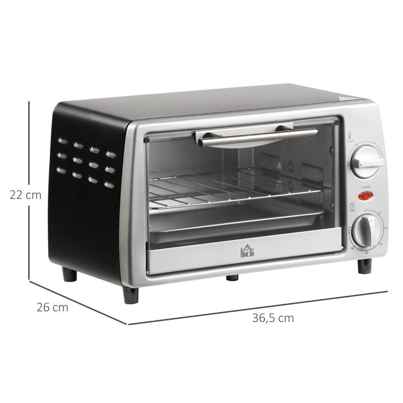 HOMCOM Mini Forno Elétrico de 10 Litros 750W com Temperatura até 230 °C Temporizador 60 Minutos Bandeja e Grade 36,5x26x22cm Preto e Prata