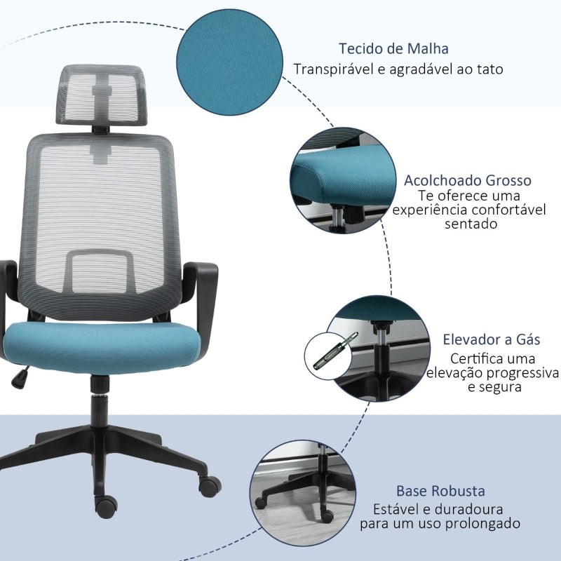 Vinsetto Cadeira de Escritório Ergonômica Giratória com Altura Ajustável Apoio para a Cabeça Apoio para os Braços e Suporte Lombar Reguláveis 63,5x63x116,5-125,5cm Azul e Cinza