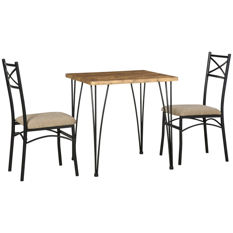 HOMCOM Conjunto de Sala de Jantar 3 Peças Conjunto 1 Mesa 74x74x76cm e 2 Cadeiras 42x50x91,5cm com Pés de Aço Estilo Moderno para Cozinha Marrom e Preto