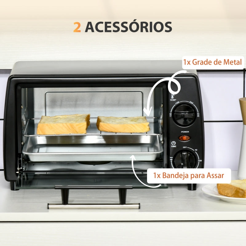 HOMCOM Mini Forno Elétrico 10 Litros 750W com Temperatura até 230°C Temporizador 60 Minutos 36,5x26x22cm Preto